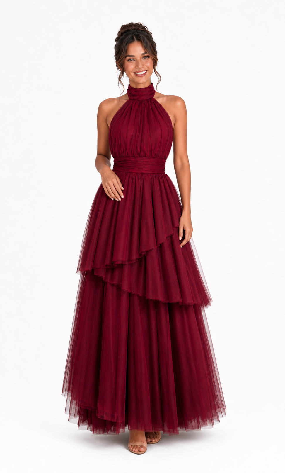 Vestido largo de tul halter con capas escalonadas — Vino
