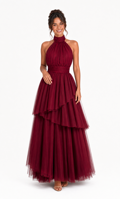 Vestido largo de tul halter con capas escalonadas — Vino