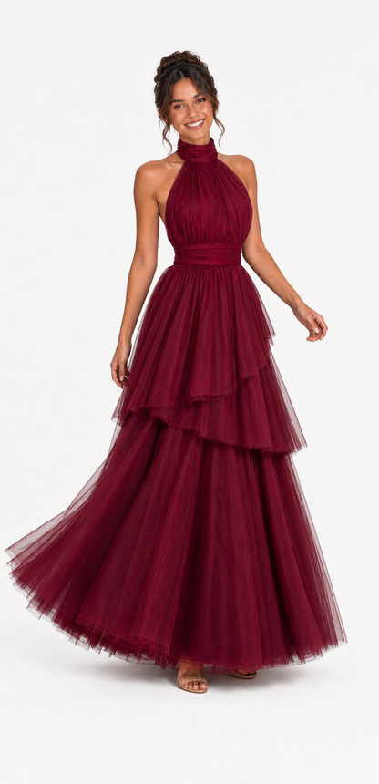 Vestido largo de tul halter con capas escalonadas — Vino