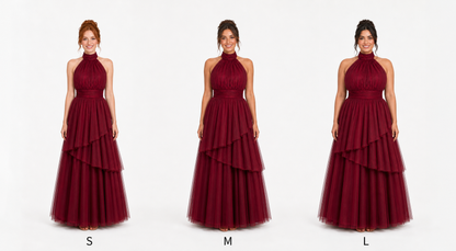 Vestido largo de tul halter con capas escalonadas — Vino