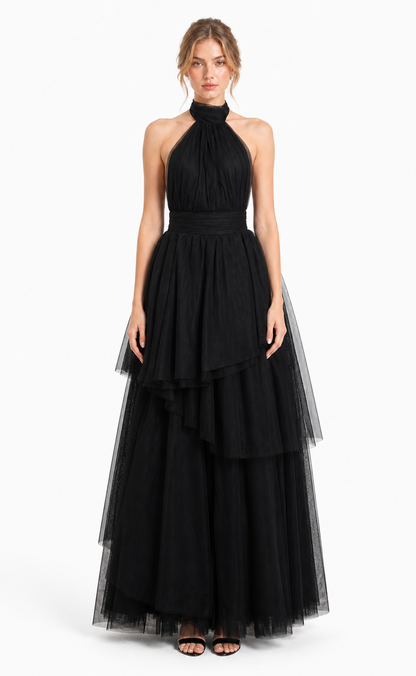 Vestido largo de tul halter con capas escalonadas — Negro