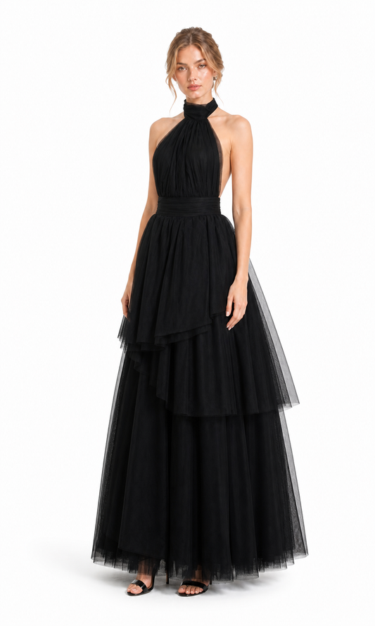 Vestido largo de tul halter con capas escalonadas — Negro