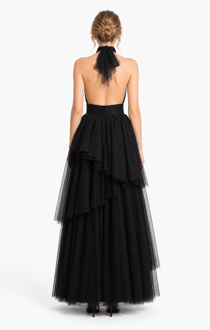 Vestido largo de tul halter con capas escalonadas — Negro
