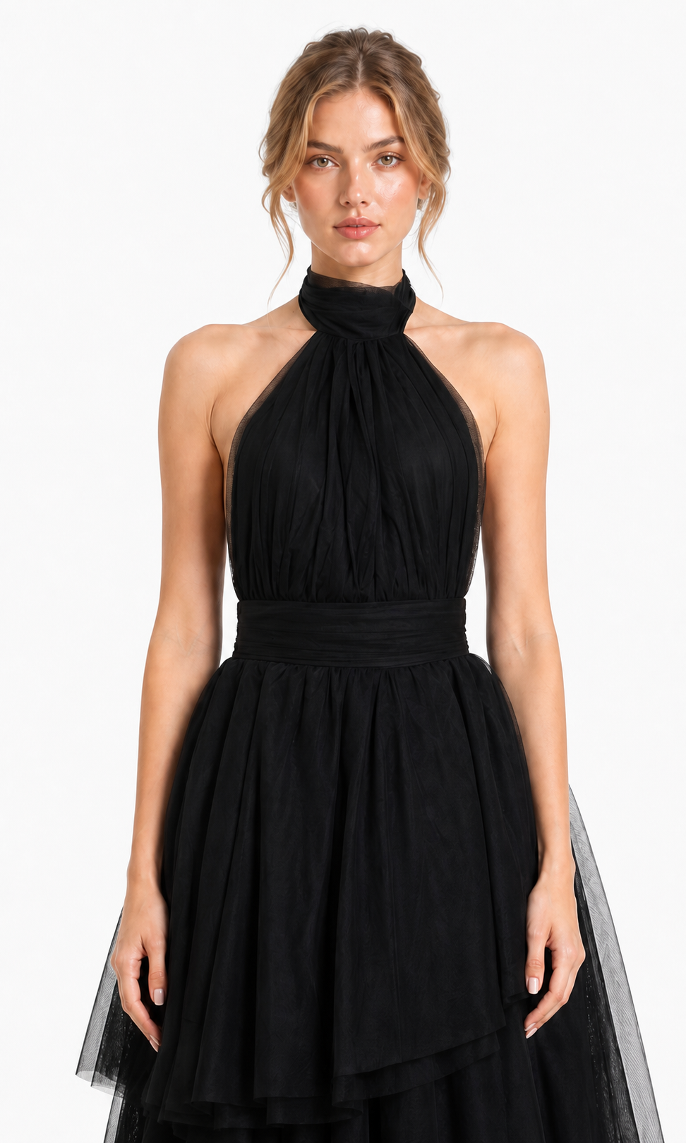 Vestido largo de tul halter con capas escalonadas — Negro