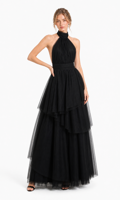Vestido largo de tul halter con capas escalonadas — Negro
