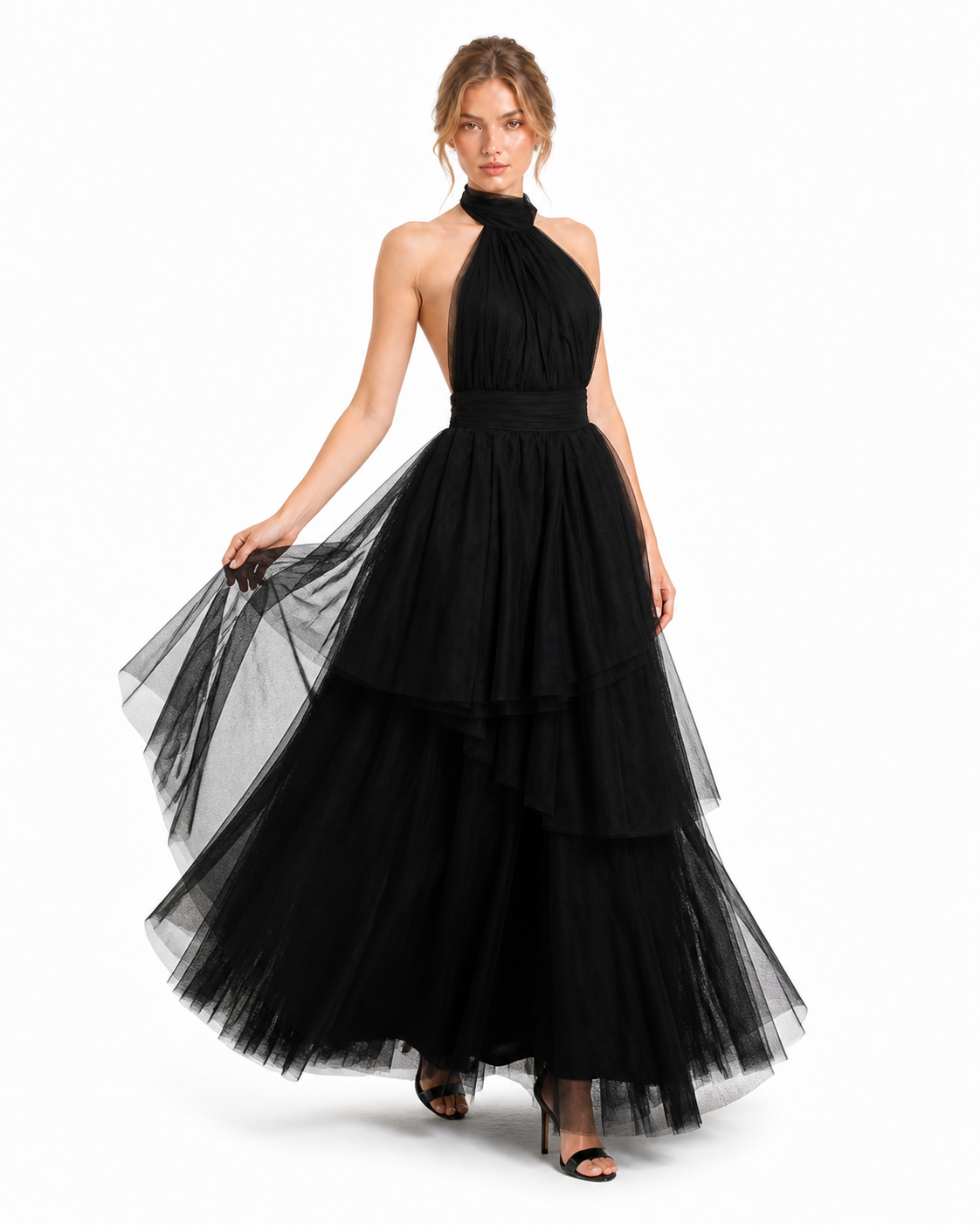 Vestido largo de tul halter con capas escalonadas — Negro