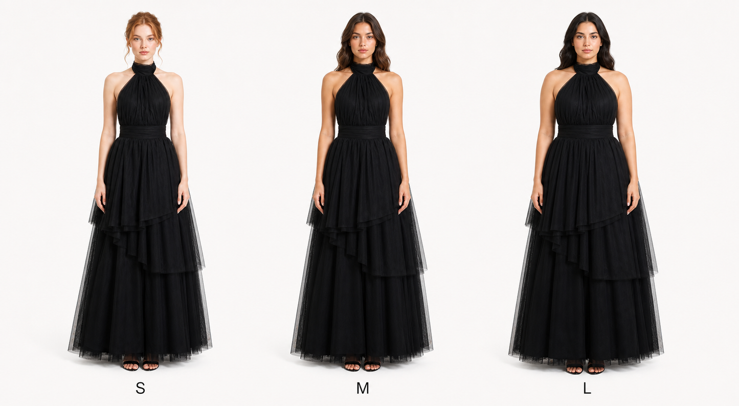 Vestido largo de tul halter con capas escalonadas — Negro