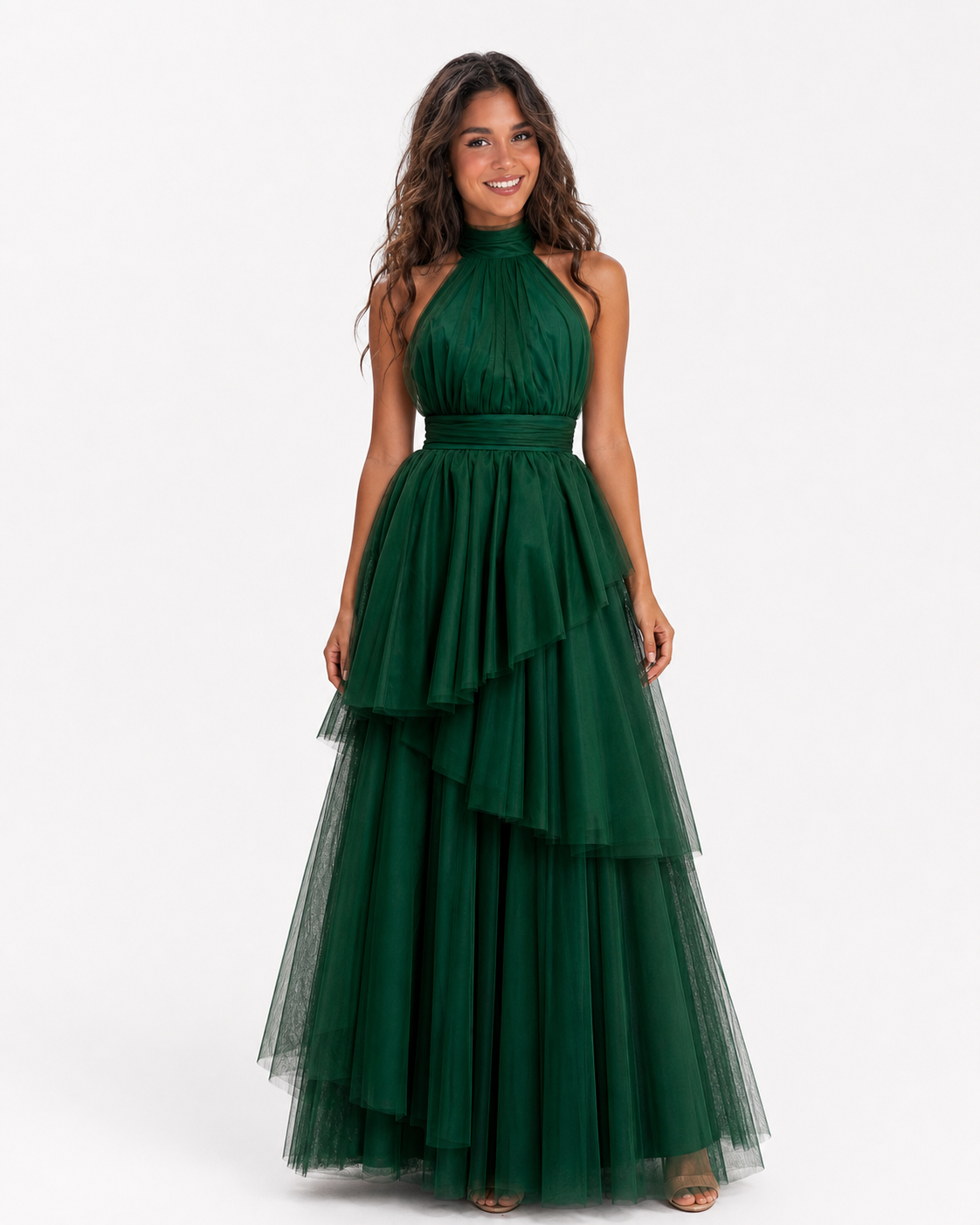 Vestido largo de tul halter con capas escalonadas — Verde bosque