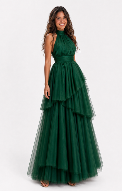 Vestido largo de tul halter con capas escalonadas — Verde bosque