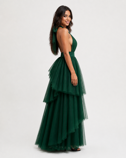 Vestido largo de tul halter con capas escalonadas — Verde bosque
