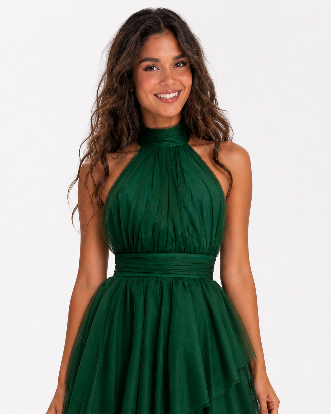 Vestido largo de tul halter con capas escalonadas — Verde bosque
