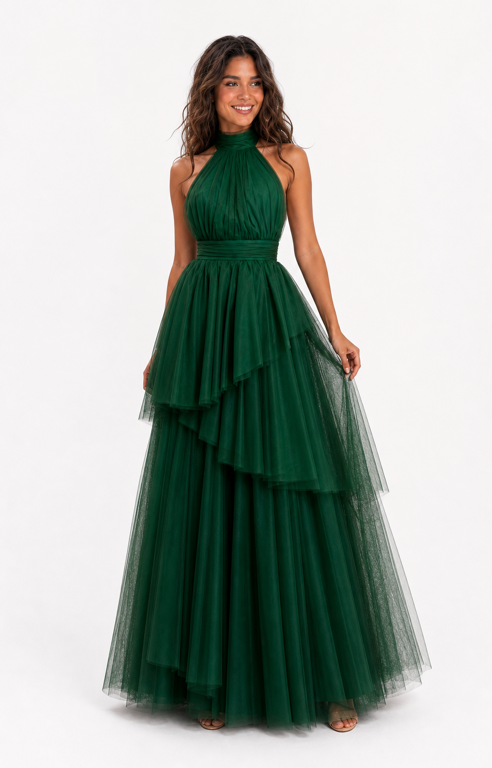 Vestido largo de tul halter con capas escalonadas — Verde bosque