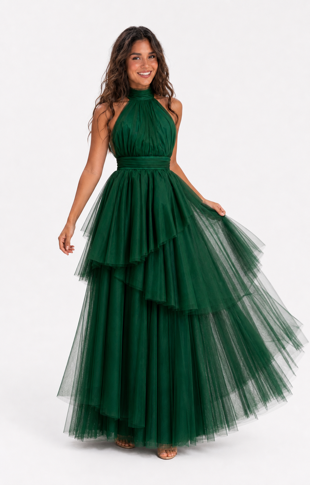 Vestido largo de tul halter con capas escalonadas — Verde bosque