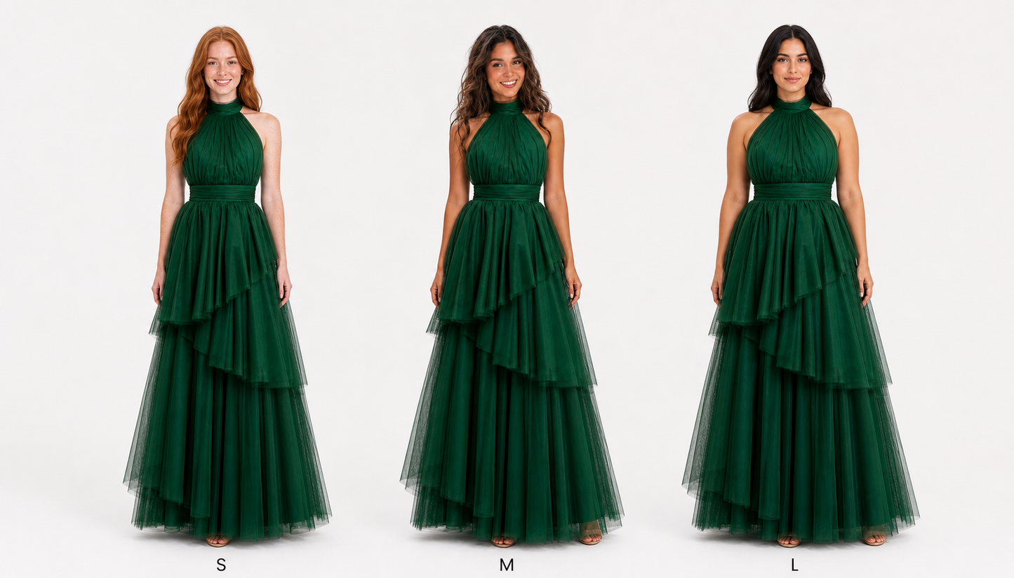 Vestido largo de tul halter con capas escalonadas — Verde bosque