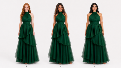 Vestido largo de tul halter con capas escalonadas — Verde bosque