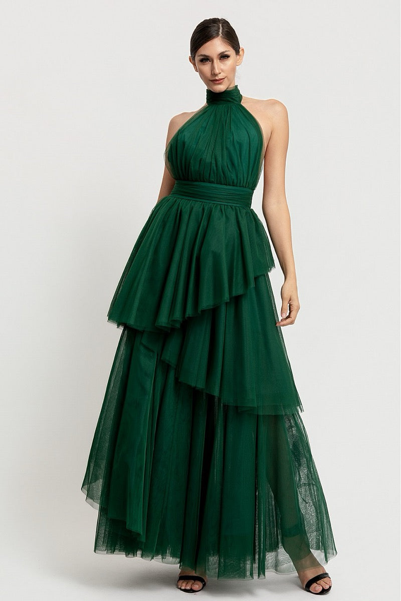 Vestido largo tul verde bosque halter escalonado — frente