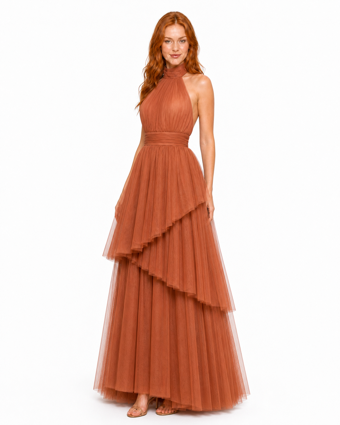 Vestido largo de tul halter con capas escalonadas — Terracota
