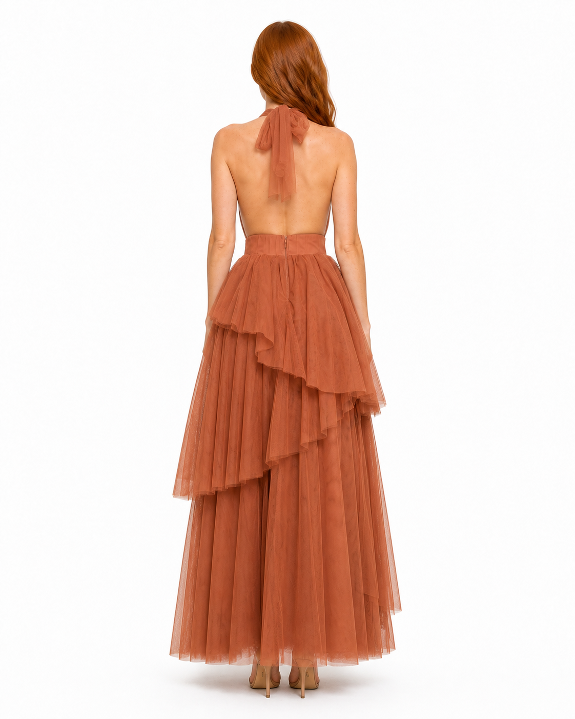 Vestido largo de tul halter con capas escalonadas — Terracota