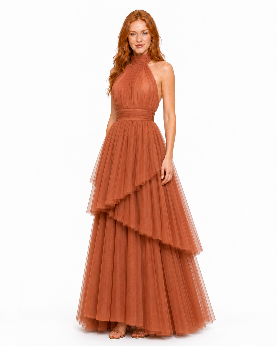 Vestido largo de tul halter con capas escalonadas — Terracota