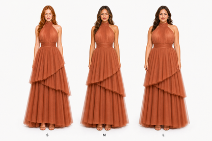 Vestido largo de tul halter con capas escalonadas — Terracota