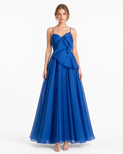 Vestido largo de organza con moño y falda amplia — Azul rey