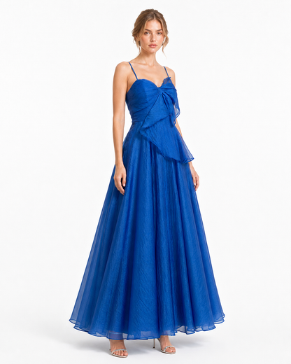 Vestido largo de organza con moño y falda amplia — Azul rey