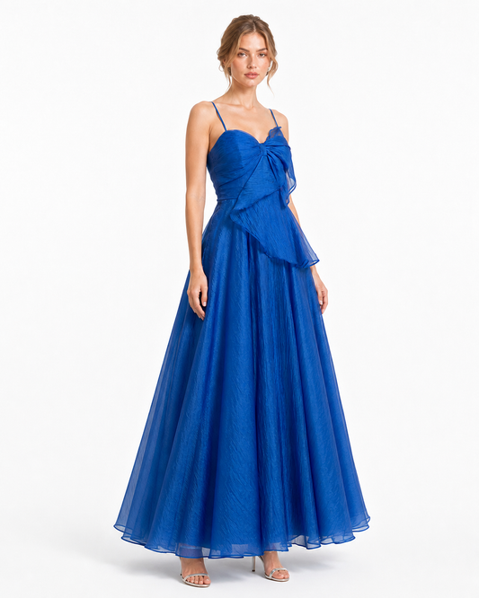 Vestido largo de organza con moño y falda amplia — Azul rey