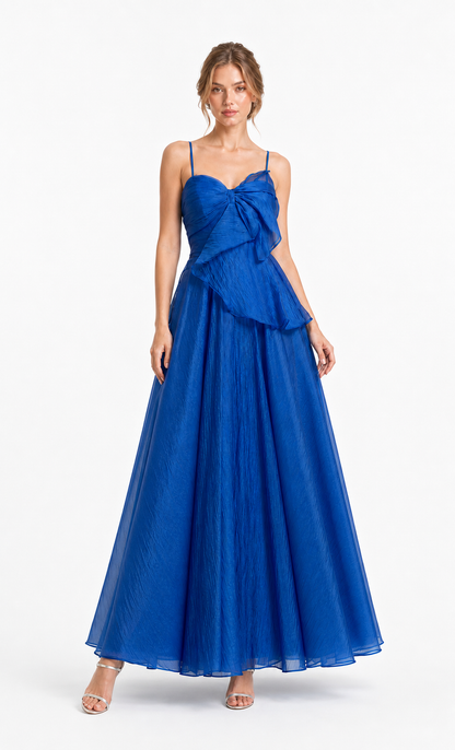 Vestido largo de organza con moño y falda amplia — Azul rey
