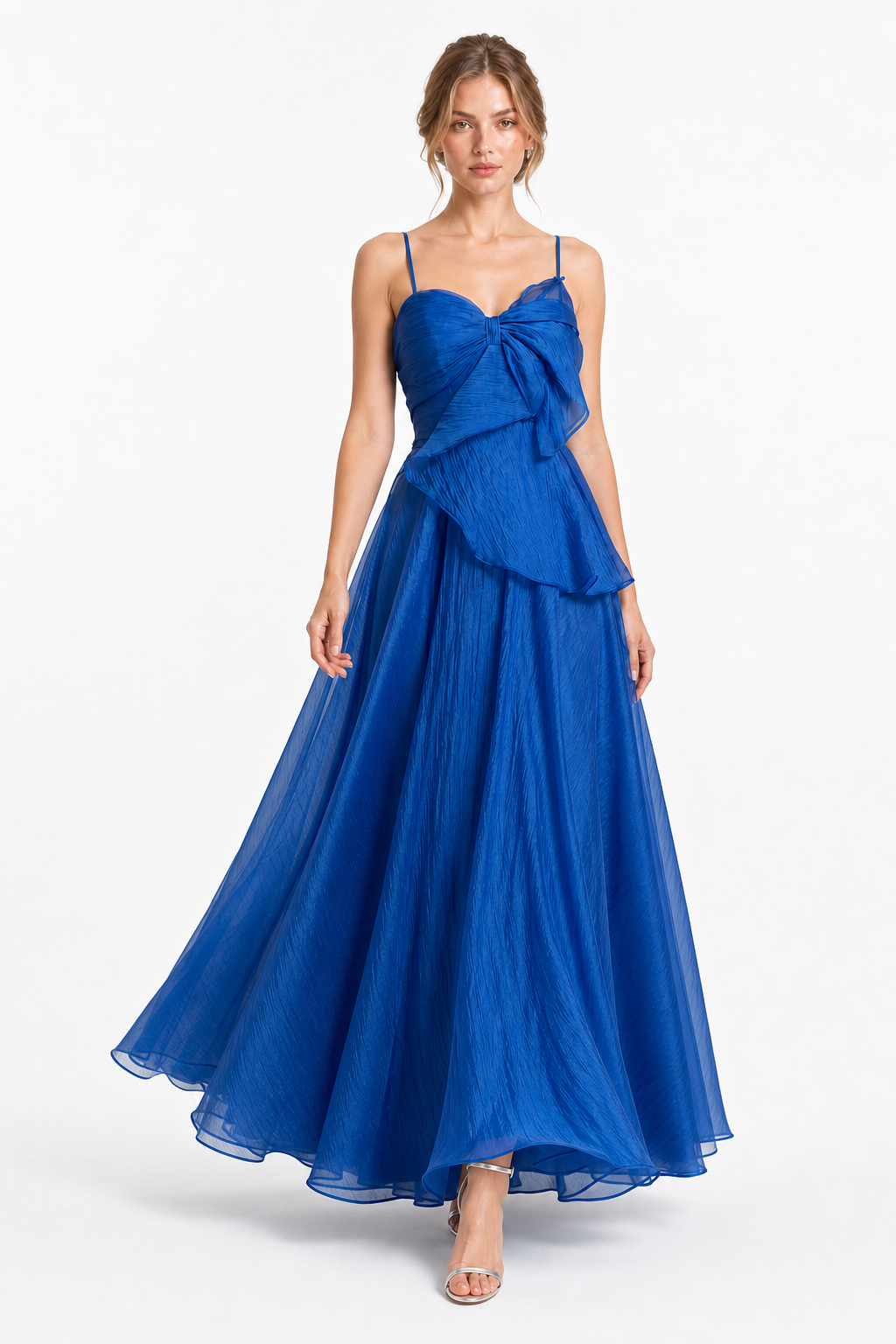 Vestido largo de organza con moño y falda amplia — Azul rey
