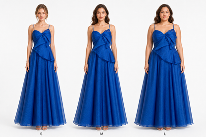 Vestido largo de organza con moño y falda amplia — Azul rey
