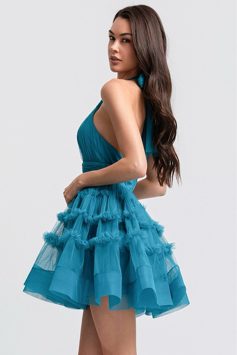 Vestido mini tul jade halter — detalle