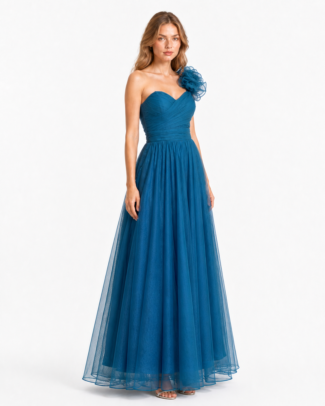 Vestido largo un hombro de tul con flor — Teal