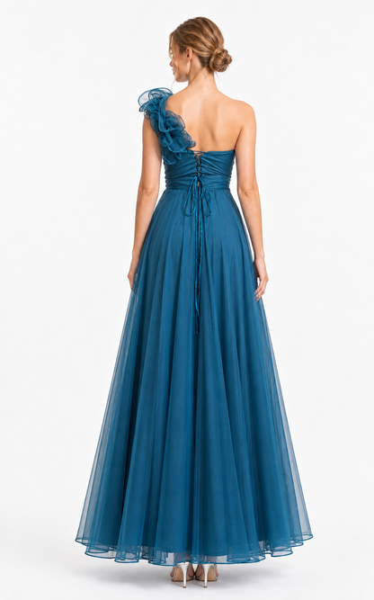 Vestido largo un hombro de tul con flor — Teal