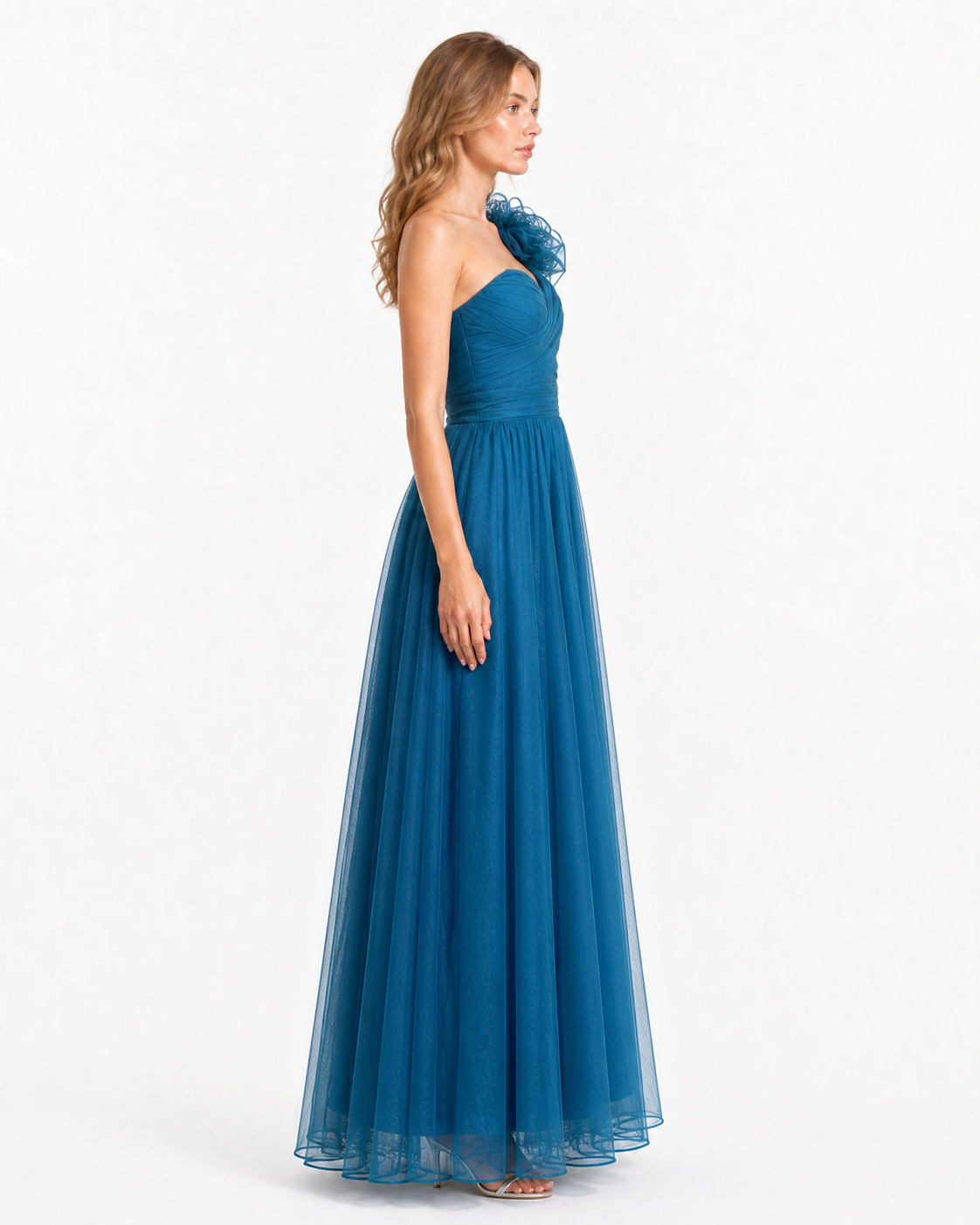 Vestido largo un hombro de tul con flor — Teal