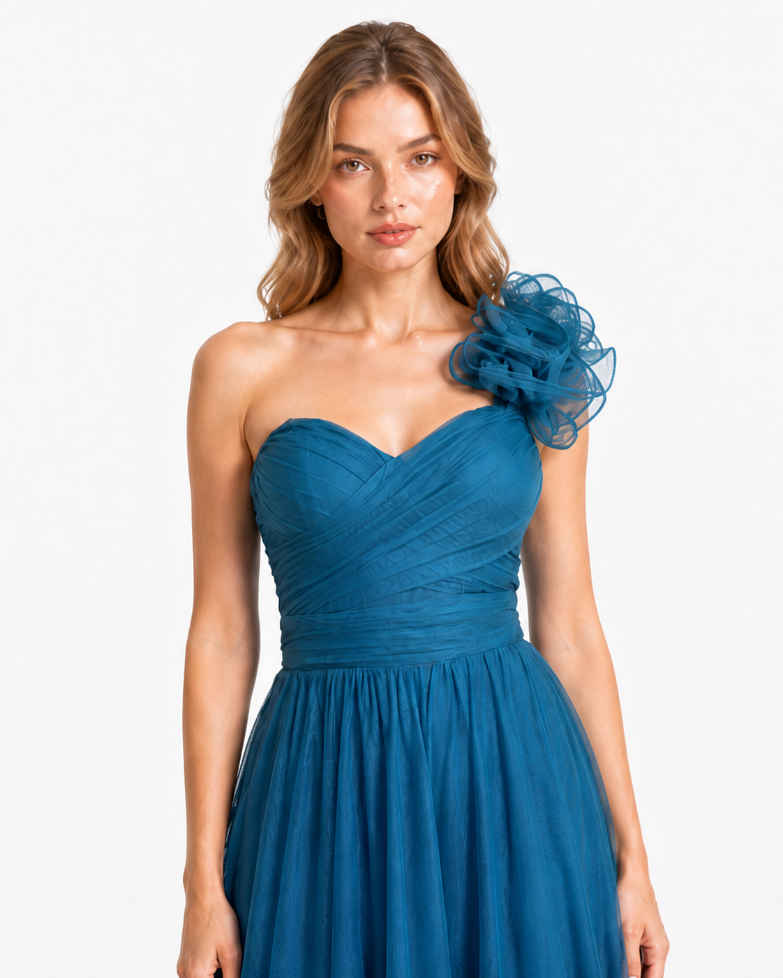 Vestido largo un hombro de tul con flor — Teal
