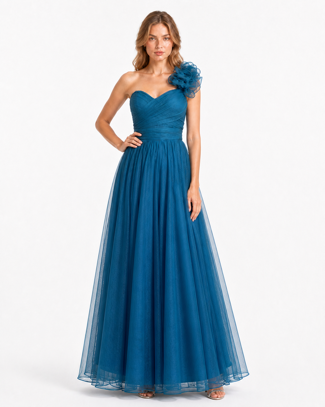 Vestido largo un hombro de tul con flor — Teal
