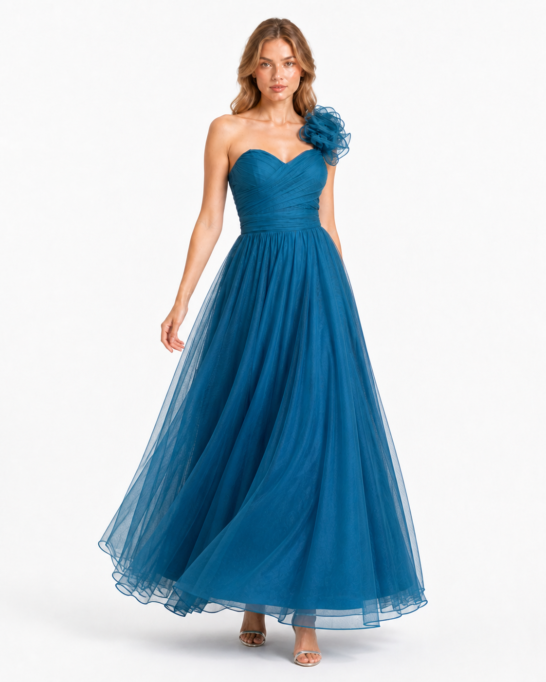 Vestido largo un hombro de tul con flor — Teal