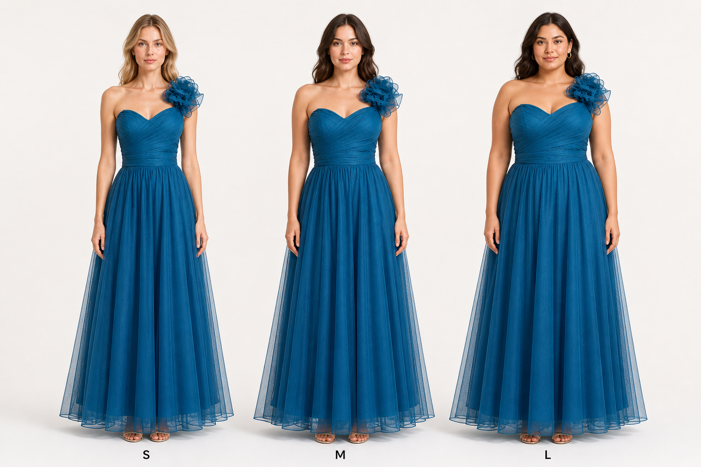 Vestido largo un hombro de tul con flor — Teal