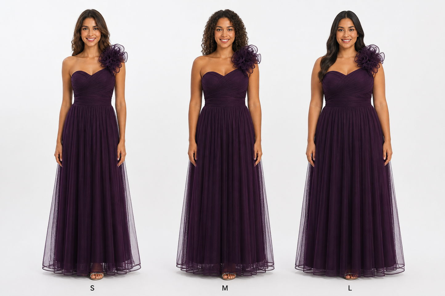 Vestido largo un hombro de tul con flor — Ciruela