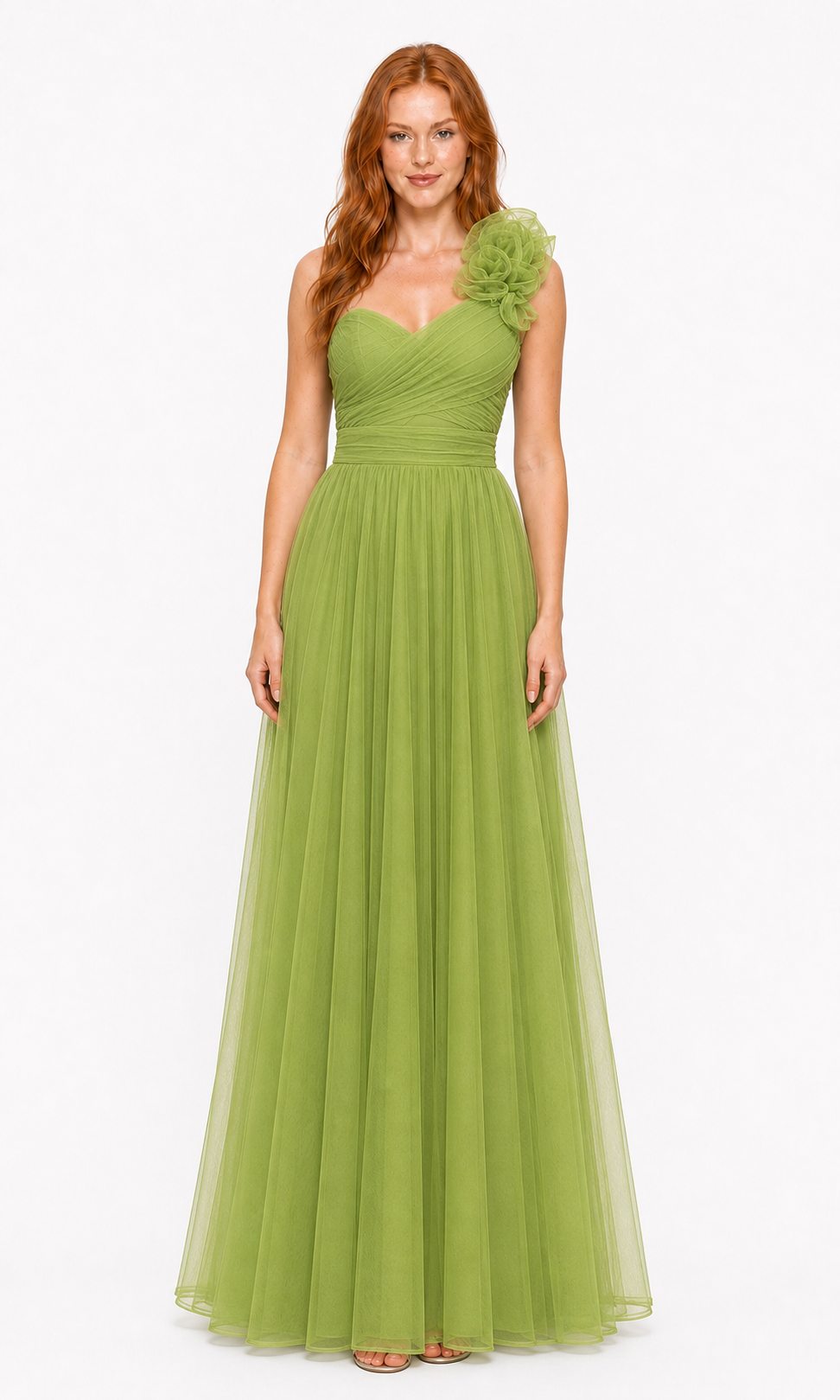 Vestido largo un hombro de tul con flor — Verde manzana
