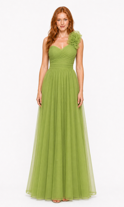Vestido largo un hombro de tul con flor — Verde manzana