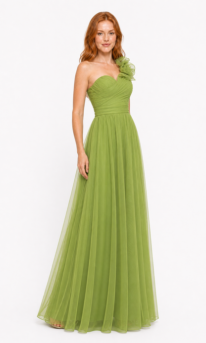 Vestido largo un hombro de tul con flor — Verde manzana