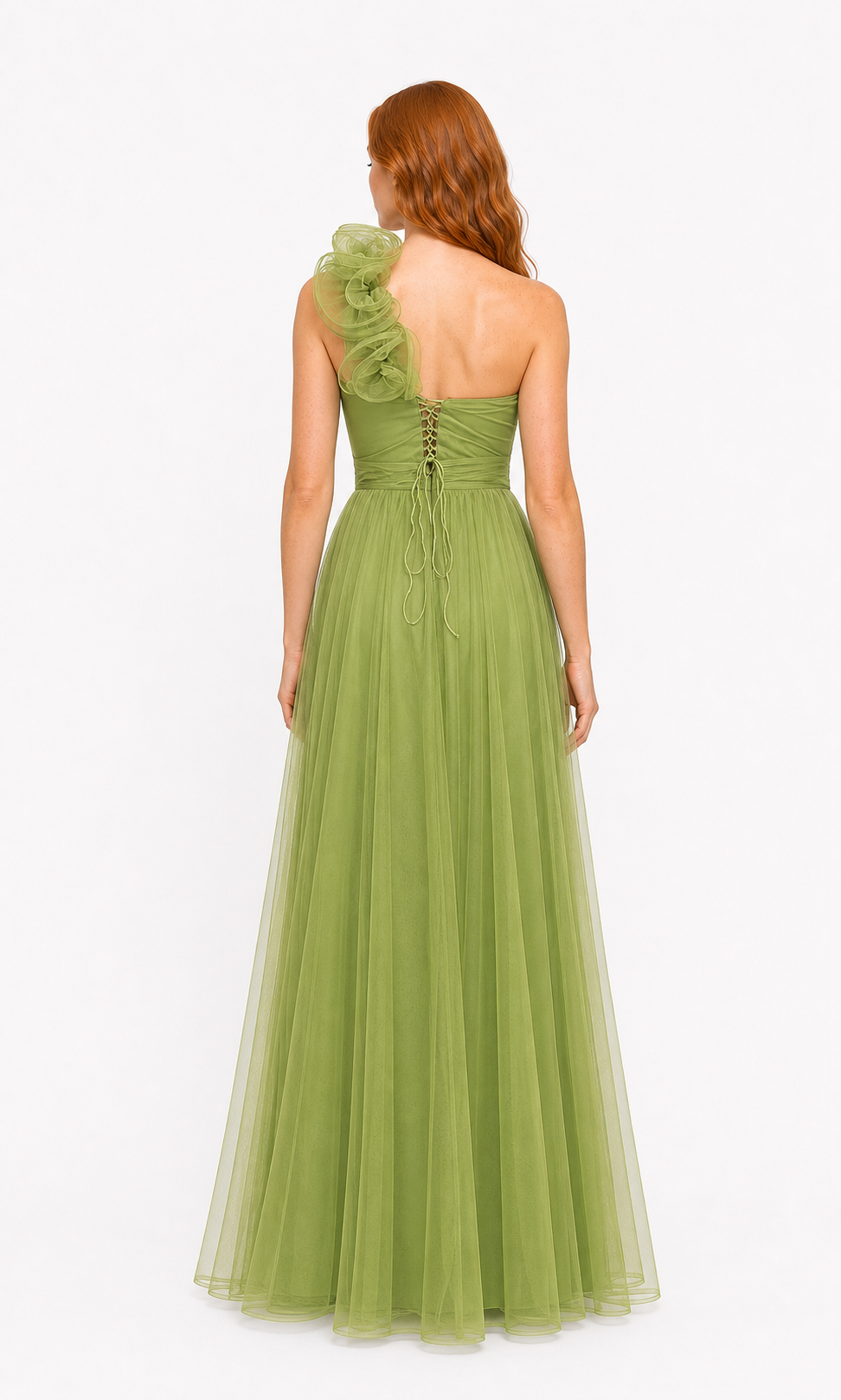 Vestido largo un hombro de tul con flor — Verde manzana