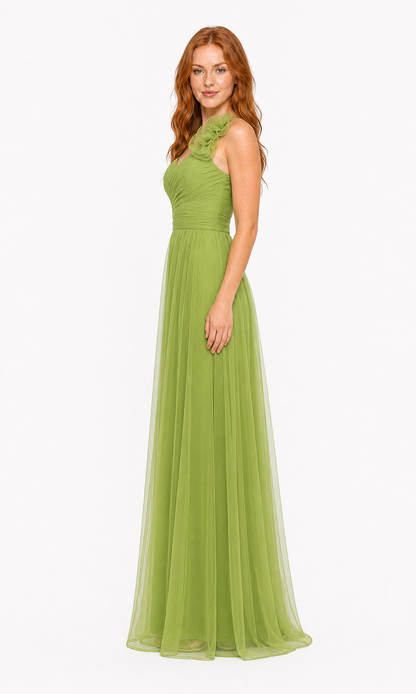Vestido largo un hombro de tul con flor — Verde manzana