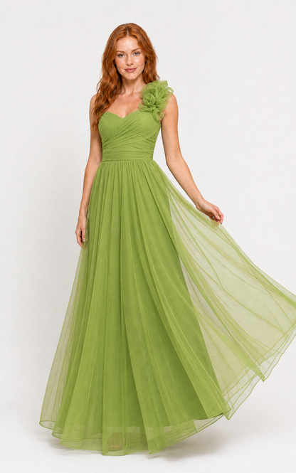 Vestido largo un hombro de tul con flor — Verde manzana