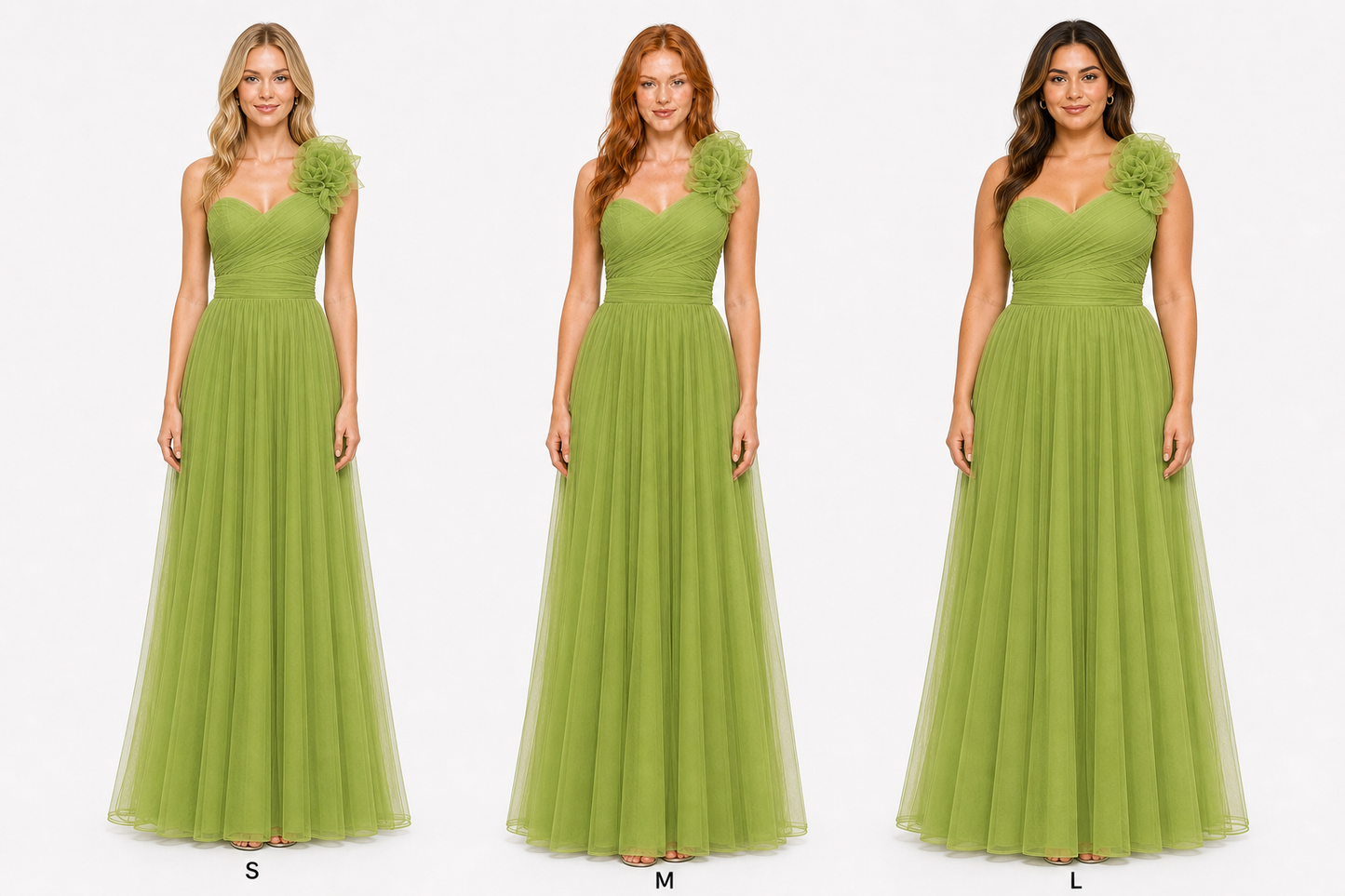 Vestido largo un hombro de tul con flor — Verde manzana