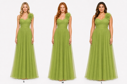 Vestido largo un hombro de tul con flor — Verde manzana