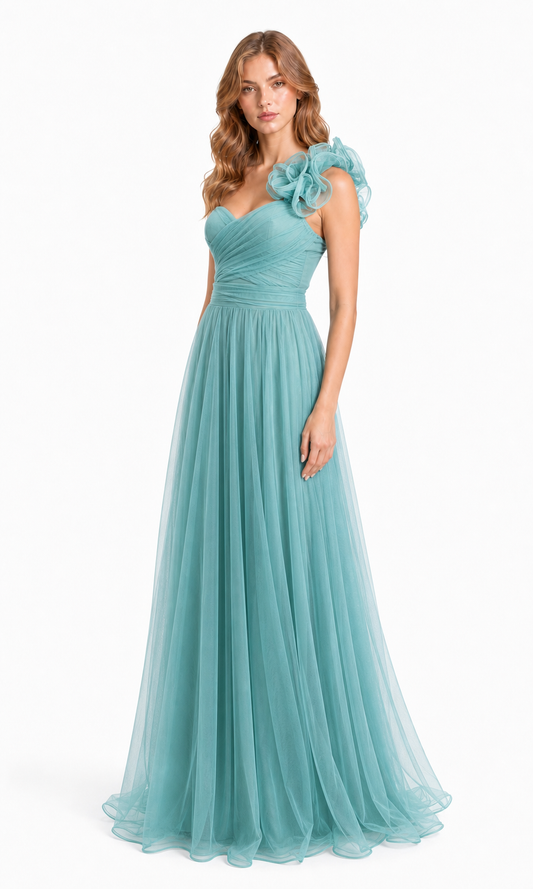 Vestido largo un hombro de tul con flor — Menta
