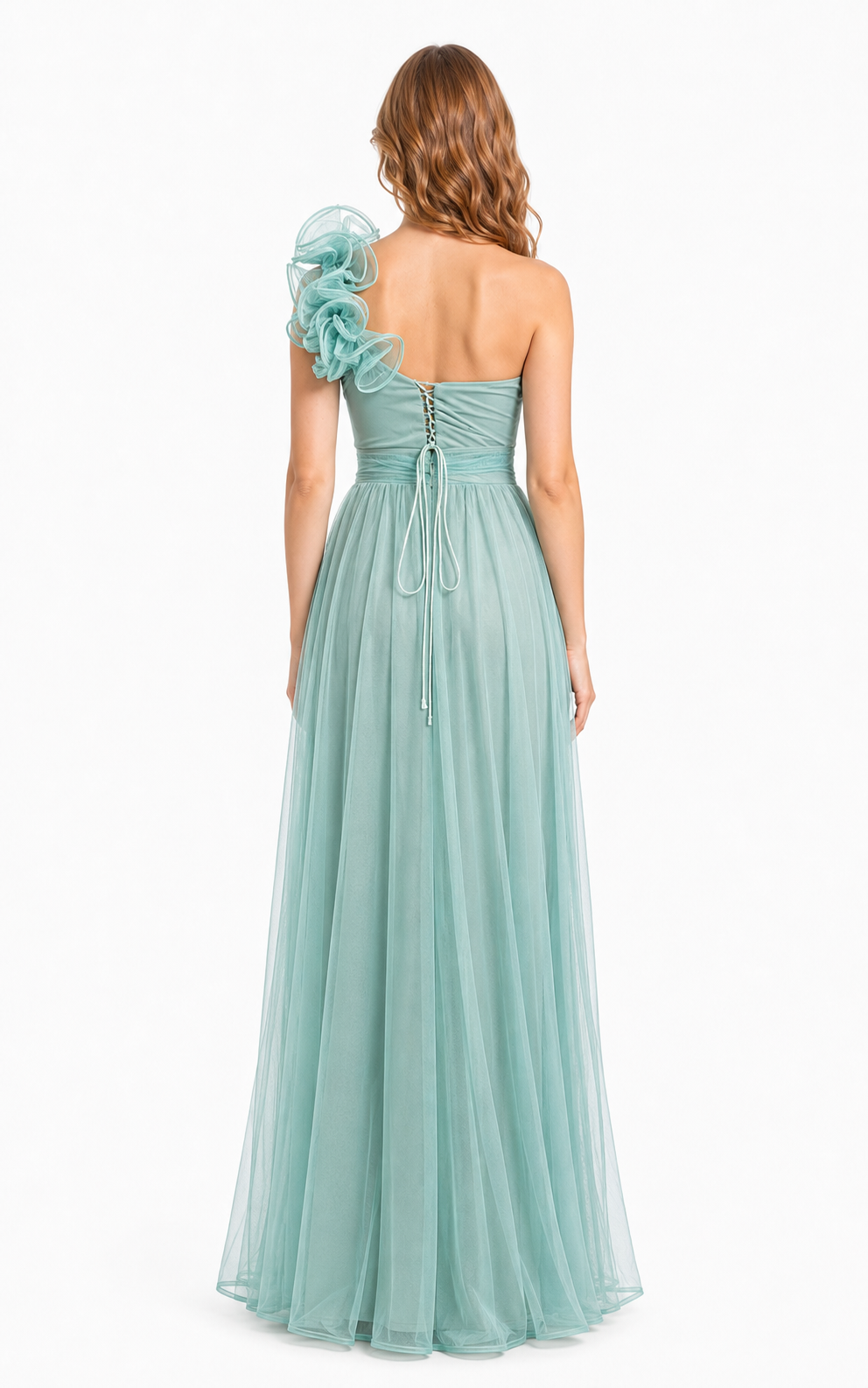Vestido largo un hombro de tul con flor — Menta