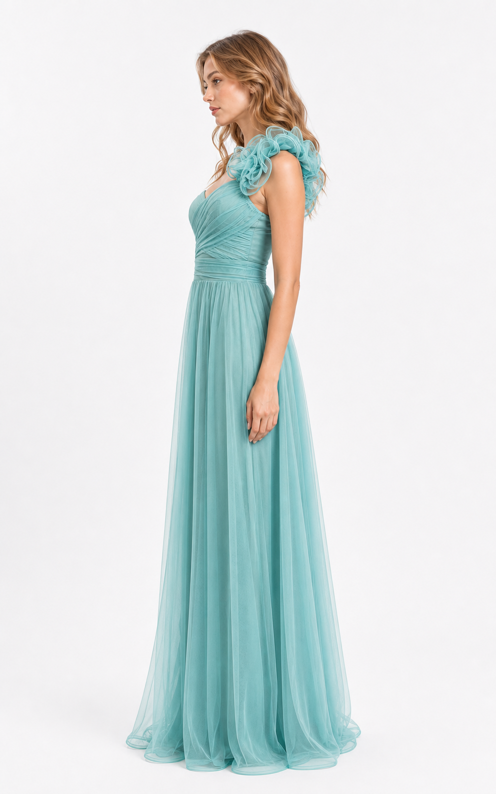 Vestido largo un hombro de tul con flor — Menta